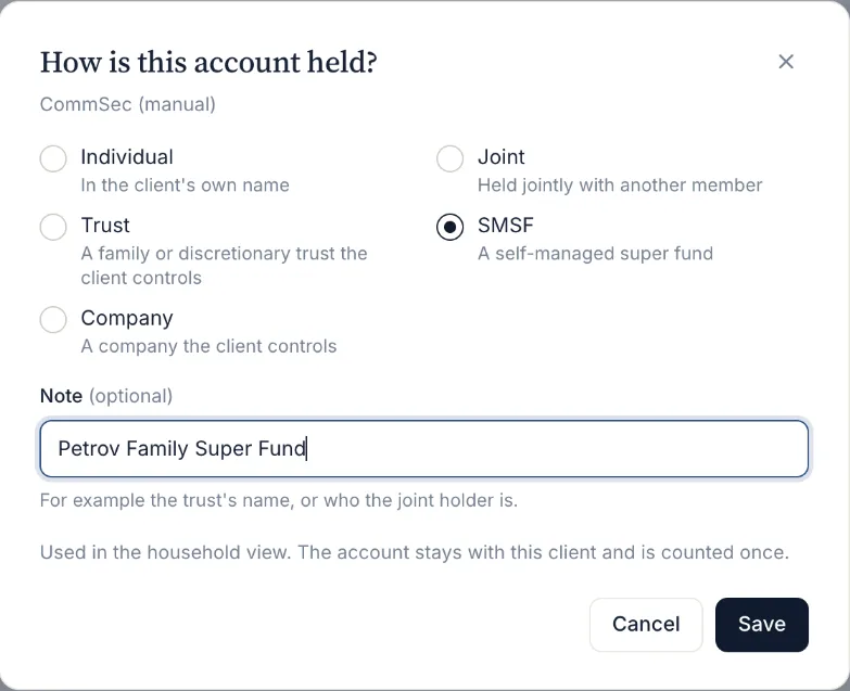 The How is this account held dialog for a CommSec account with SMSF selected and the note Petrov Family Super Fund.